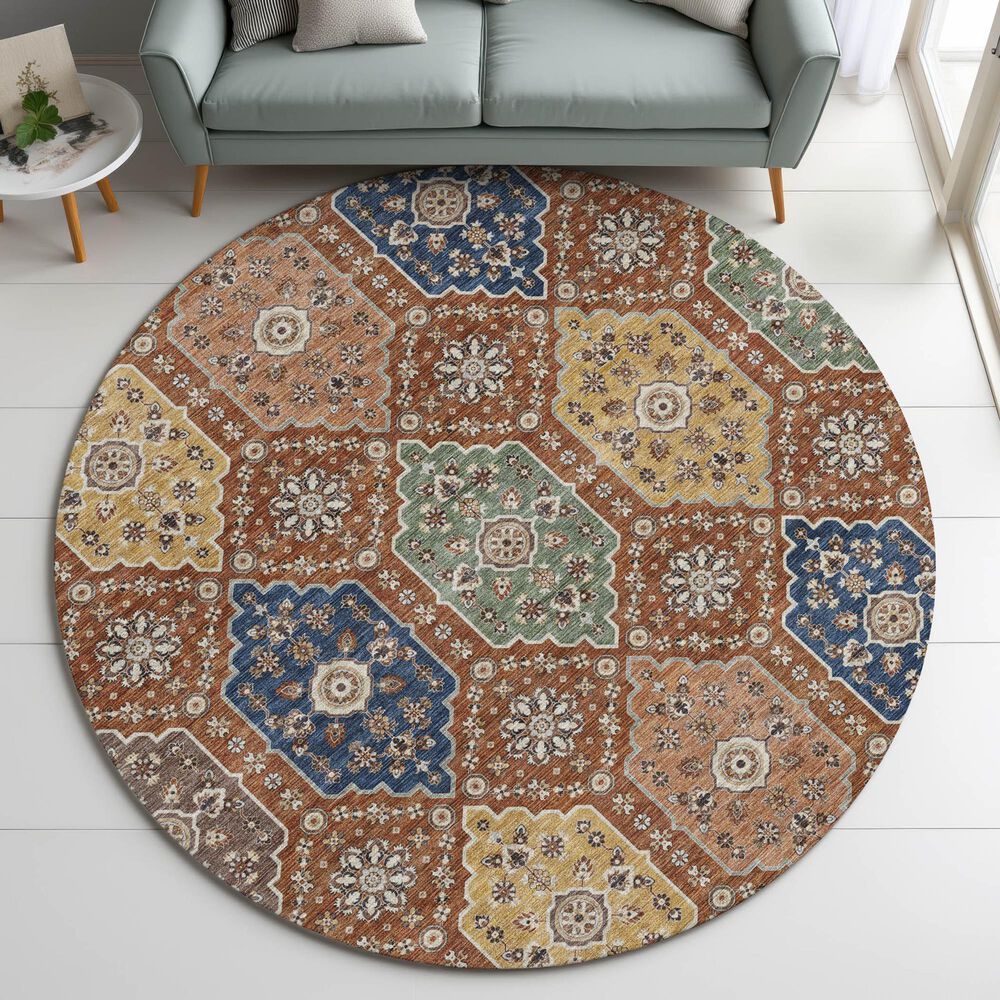 Dalyn Rug Company Silk Road Paprika, Copper, Gold, Sage, Navy and Copper 8&#39; Round Area Rug, , large