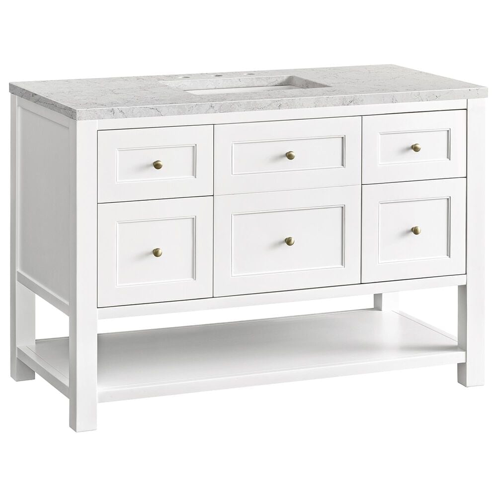 James Martin Breckenridge 48&quot; Single Bathroom Vanity in Bright White with 3 cm Eternal Jasmine Pearl Quartz Top and Rectangular Sink, , large