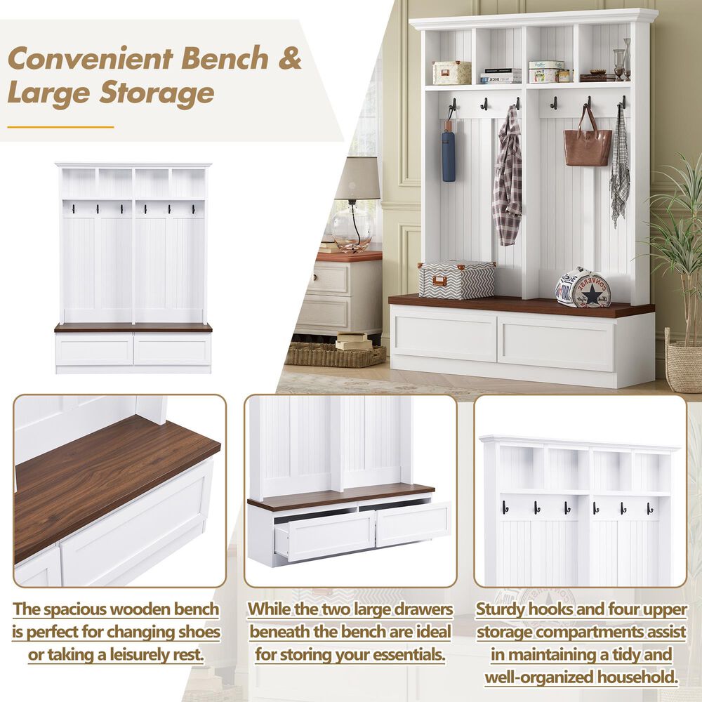 HOMLUX 6-Hook Hall Tree with Wood Grain Bench in White, , large