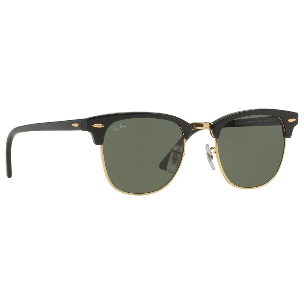Rayban Glasses Clubmaster Classic Sunglasses with G-15 Green Lenses in Polished Black and Gold, , large