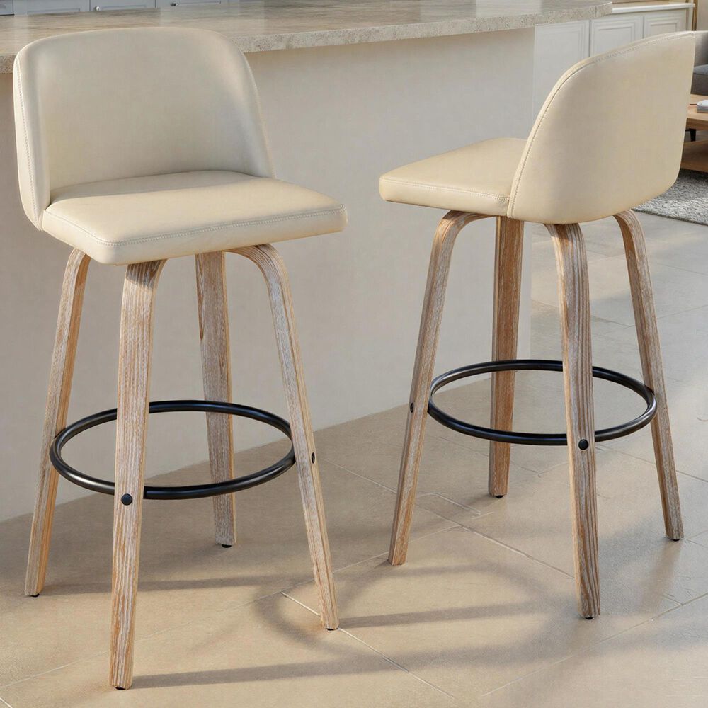 LumiSource Toriano Swivel Bar Stool with Cream Faux Leather Upholstery in Whitewashed and Black (Set of 2), , large