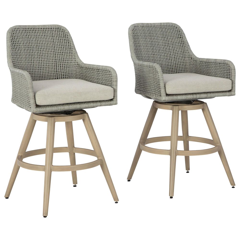 Ashley Seton Creek Patio Bar Stool with Cushion in Beige and Gray (Set of 2), , large