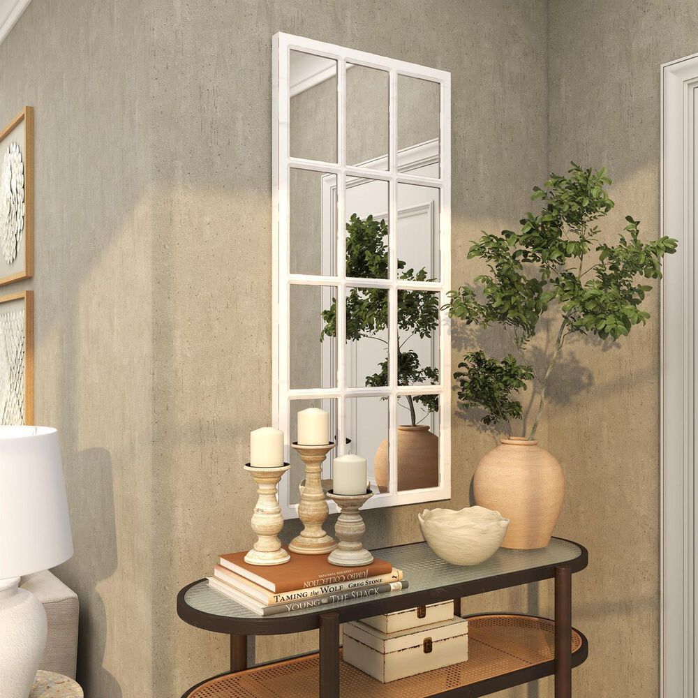Maple and Jade 48&quot; x 22&quot; Window Pane Inspired Wall Mirror in Distressed White, , large