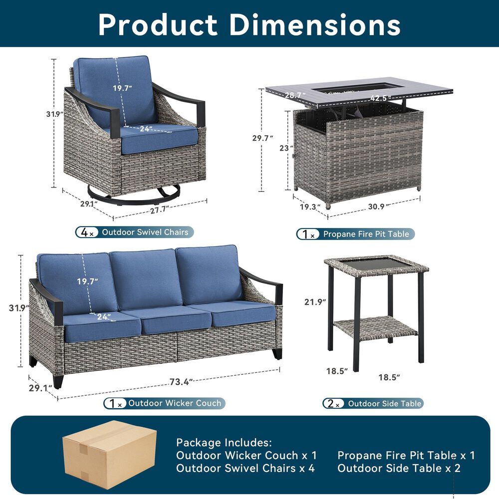 Sunwell Garden 8-Piece Patio Conversation Set with Fire Pit in Navy, , large