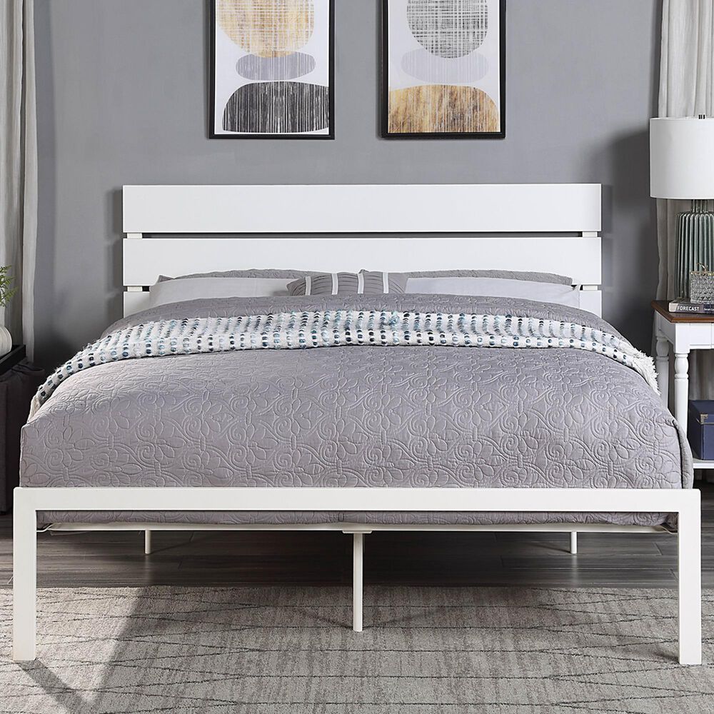 Hearth and Haven Queen Platform Bed with Slat Headboard in White, , large