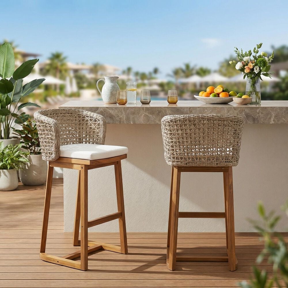 Hearth and Haven Outdoor Bar Stool with Woven Wicker Back and Cushion in Beige (Set of 2), , large