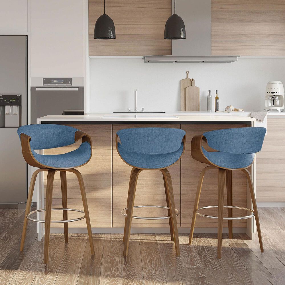 LumiSource Curvini 30" Swivel Barstool with Blue Upholstery in Walnut and Chrome (Set of 2), , large