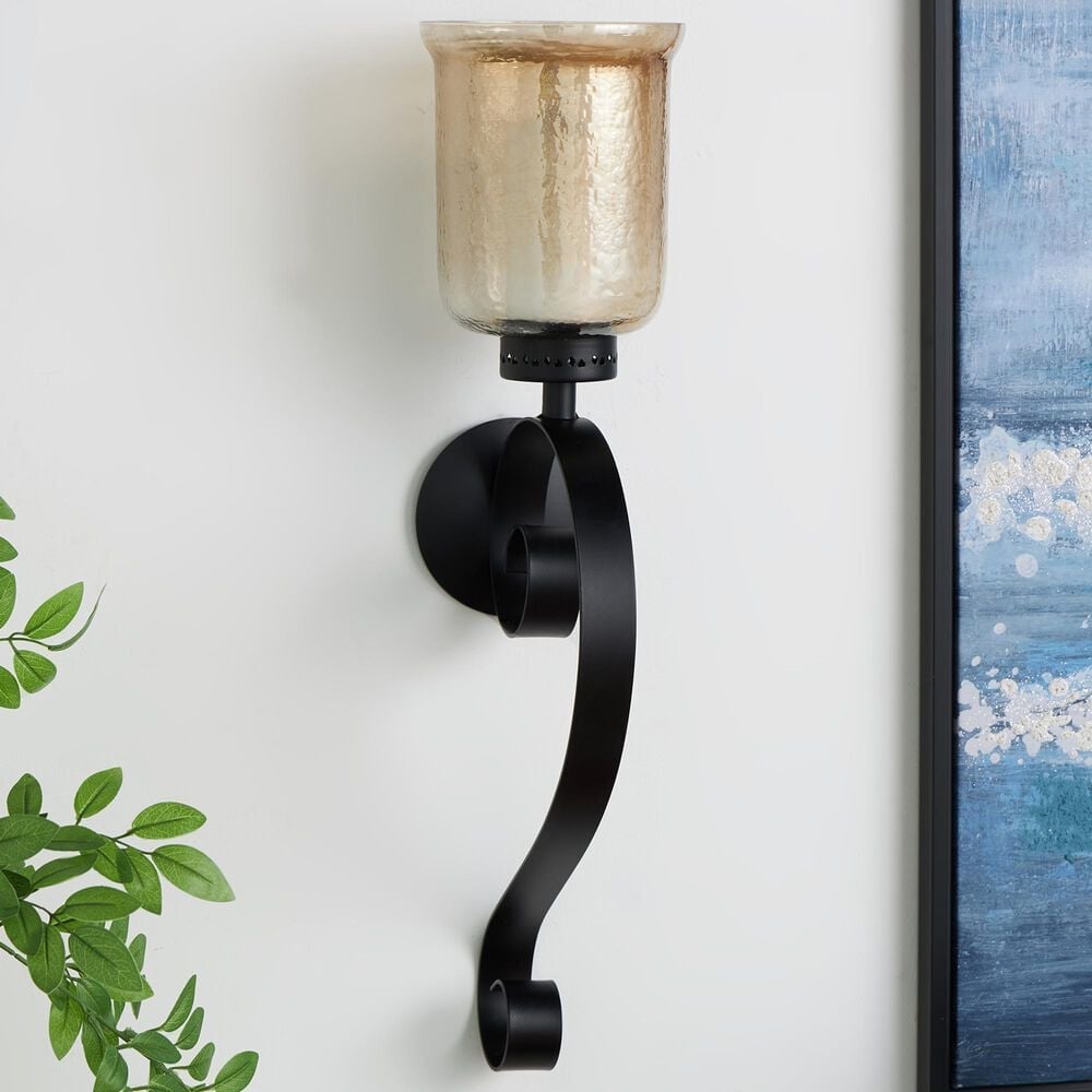 Maple and Jade 27&quot; Handmade Pillar Scroll Indoor/Outdoor Wall Sconce in Matte Black and Clear, , large