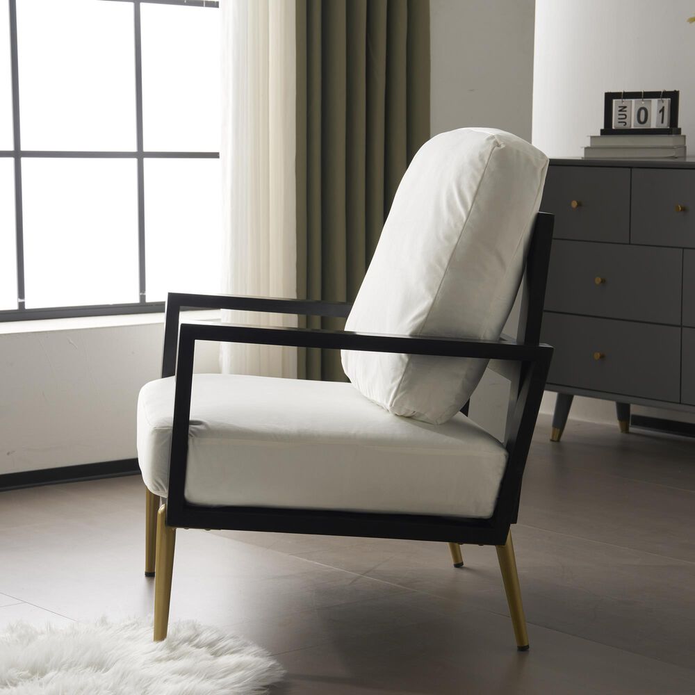 Hearth and Haven Velvet Lounge Arm Chair with Gold Metal Legs in White, , large
