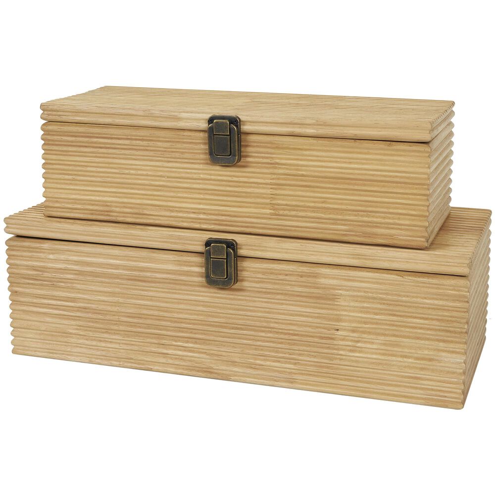 Maple and Jade 2-Piece Carved Linear Decorative Box Set in Light Brown, , large