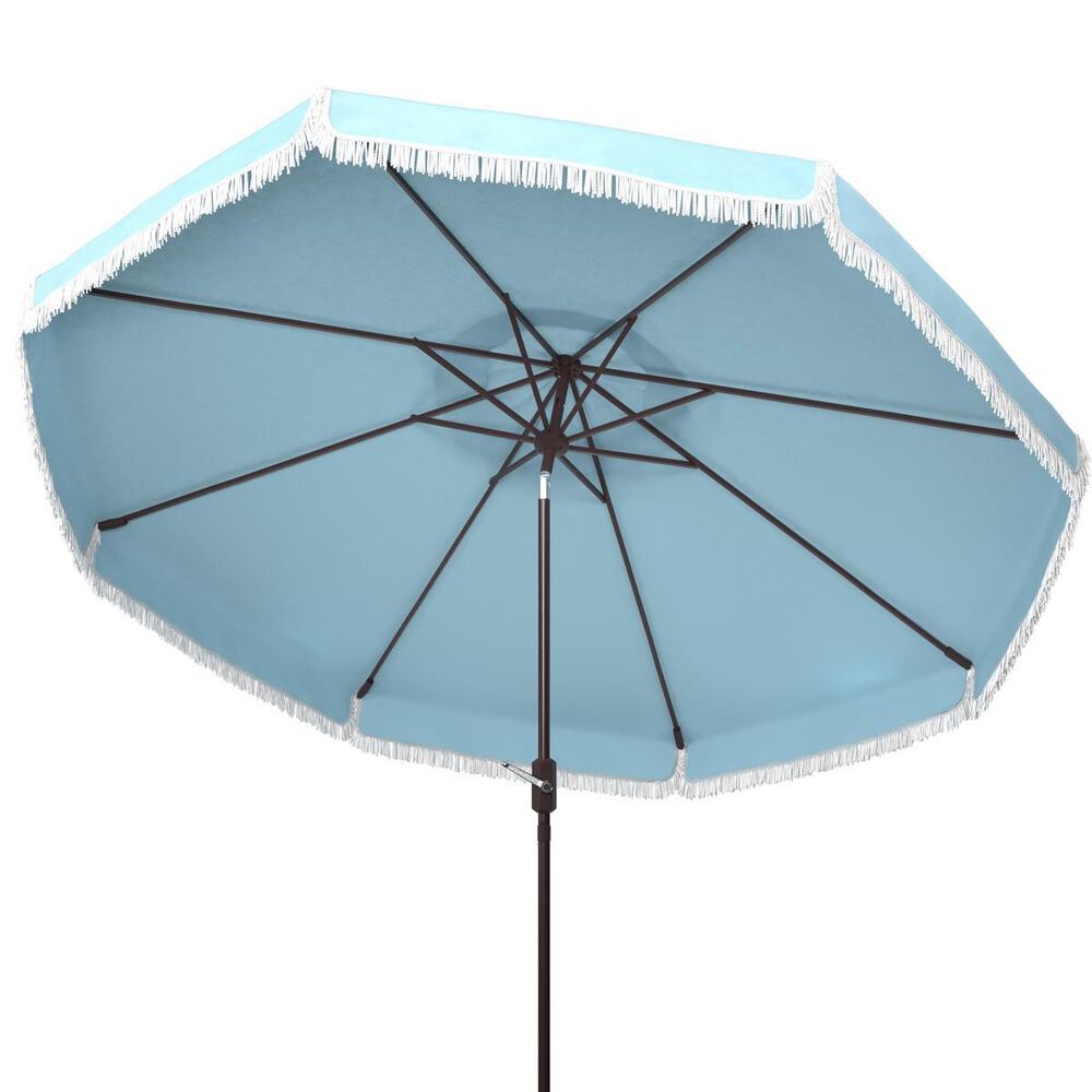 Safavieh Milan Fringe 9Ft Crank Baby Blue and White Outdoor Push Button Tilt Umbrella, , large