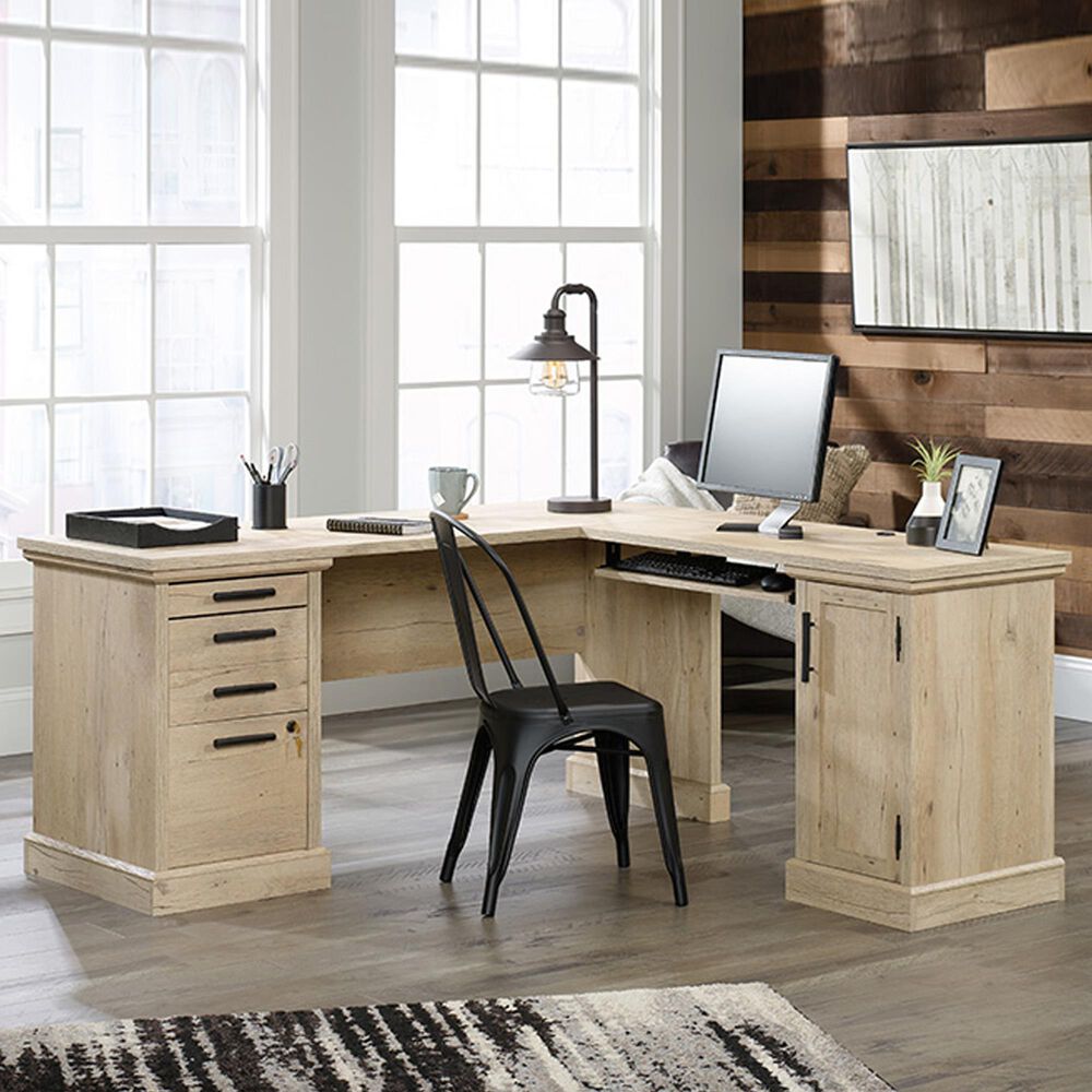 Two Person L Shaped Desk with Adjustable Shelves Light Oak