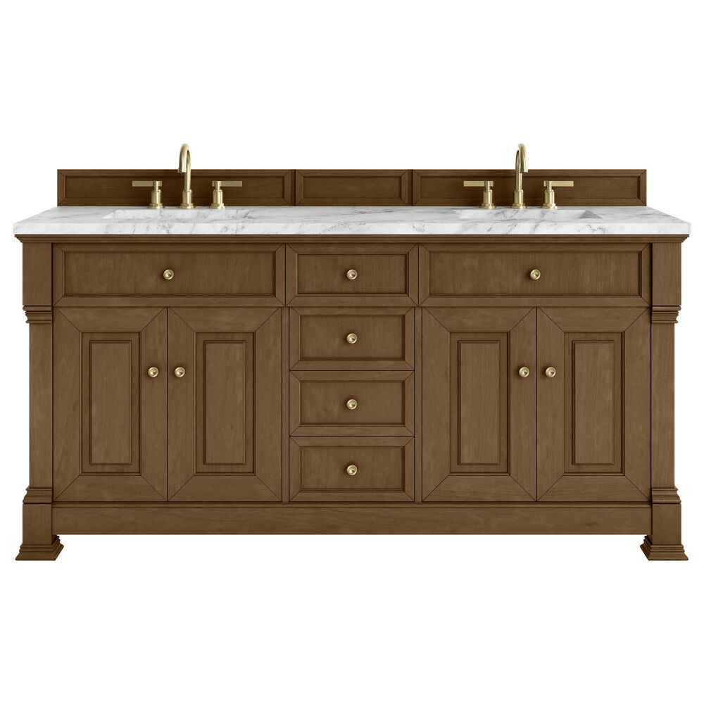 James Martin Vanities Brookfield 72" Double Bathroom Vanity in Honey Oak with 3cm Carrara White Marble Top and Rectangular Sinks, , large