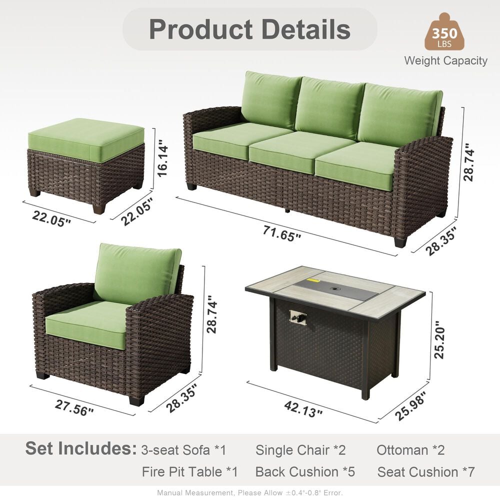 HOMLUX 6-Piece Patio Conversation Set with 42" Fire Pit Table and Light Brown Wicker in Green, , large