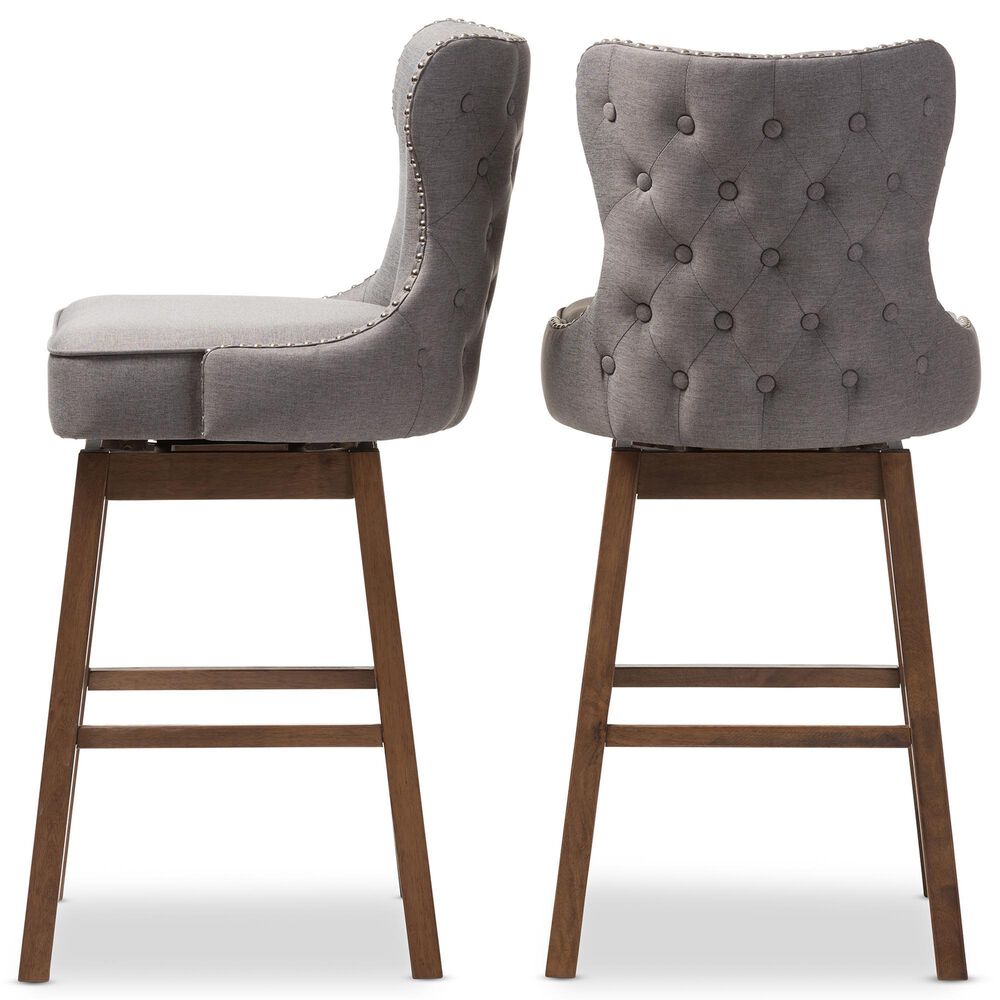 Baxton Studio Gradisca Swivel Bar Stool with Grey Cushion in Dark Walnut (Set of 2), , large