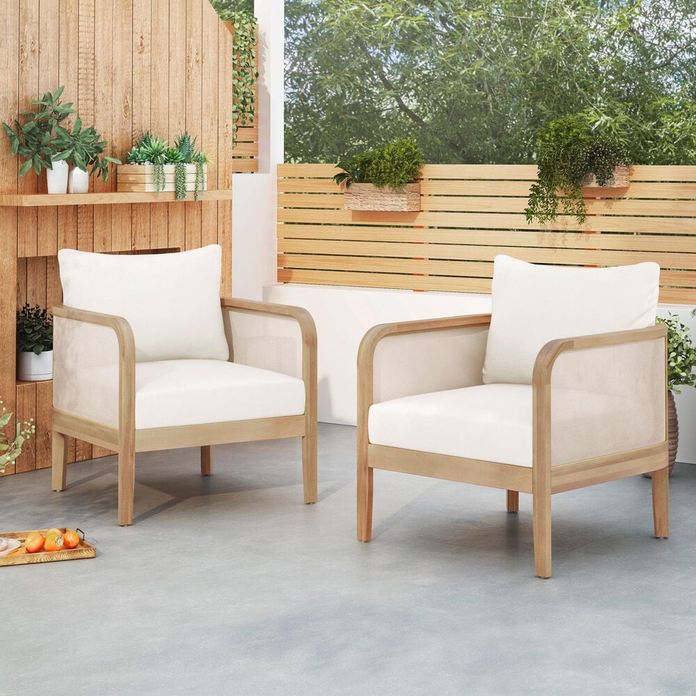 Hearth and Haven 24.8" Outdoor Armchair with Light Teak Frame in Beige (Set of 2), , large
