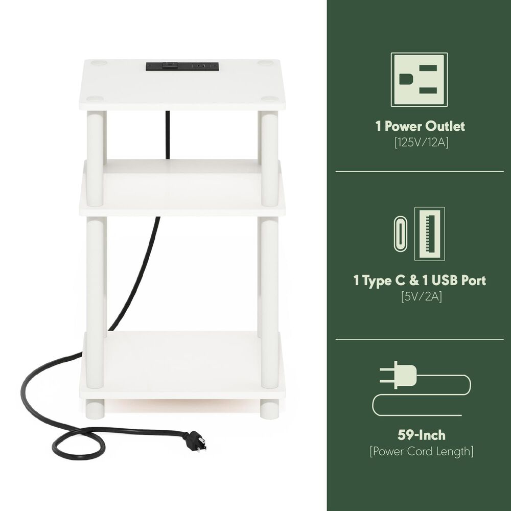 HOMLUX 3-Tier Turn-N-Tube End Table with Charging Station in White, , large