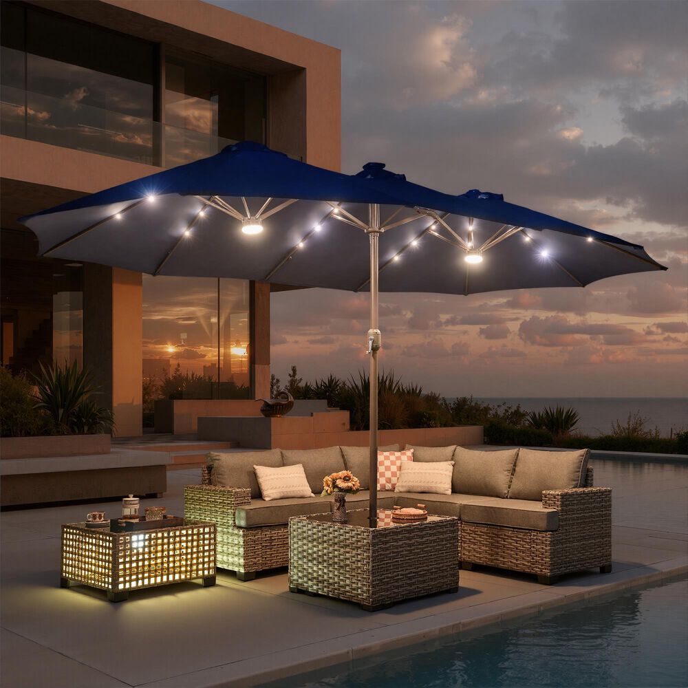 big square patio umbrella cafe HOMLUX 2-Piece 14.5 ft Patio Umbrella and All-weather Rattan, Square Coffee  Table Outdoor Set in Dark Blue