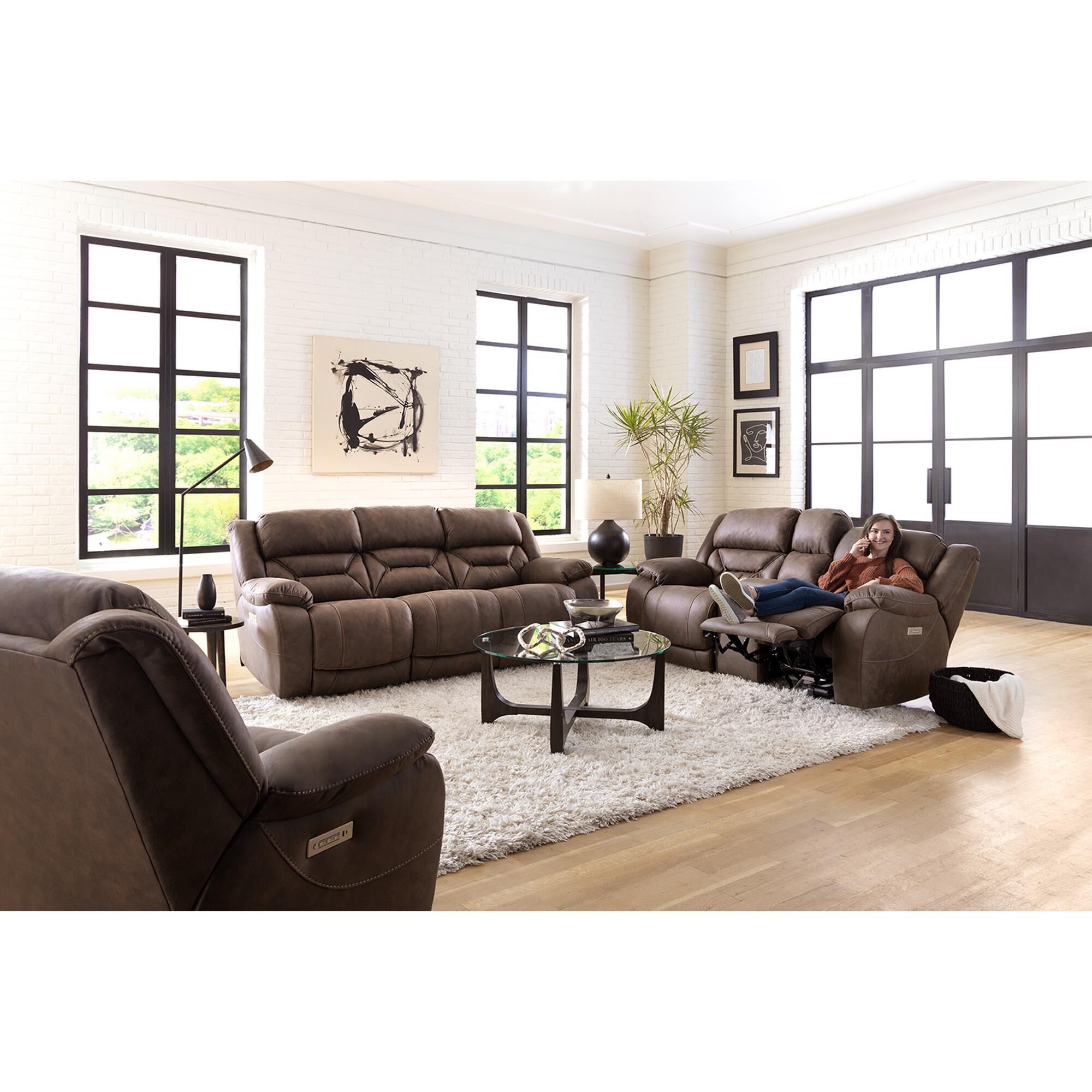 HomeStretch Skywalker Power Double Reclining Sofa in Walnut NFM