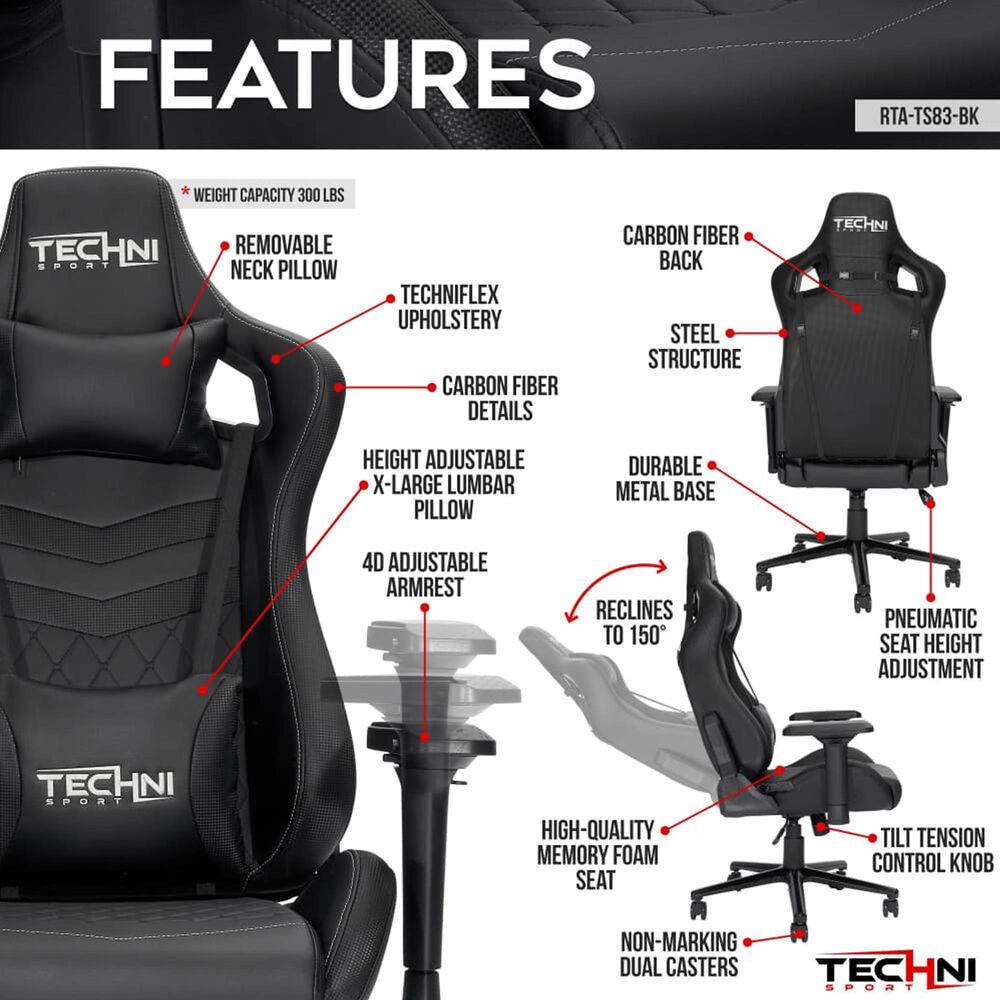 Techni Sport GameMaster Gaming Chair in Black, , large