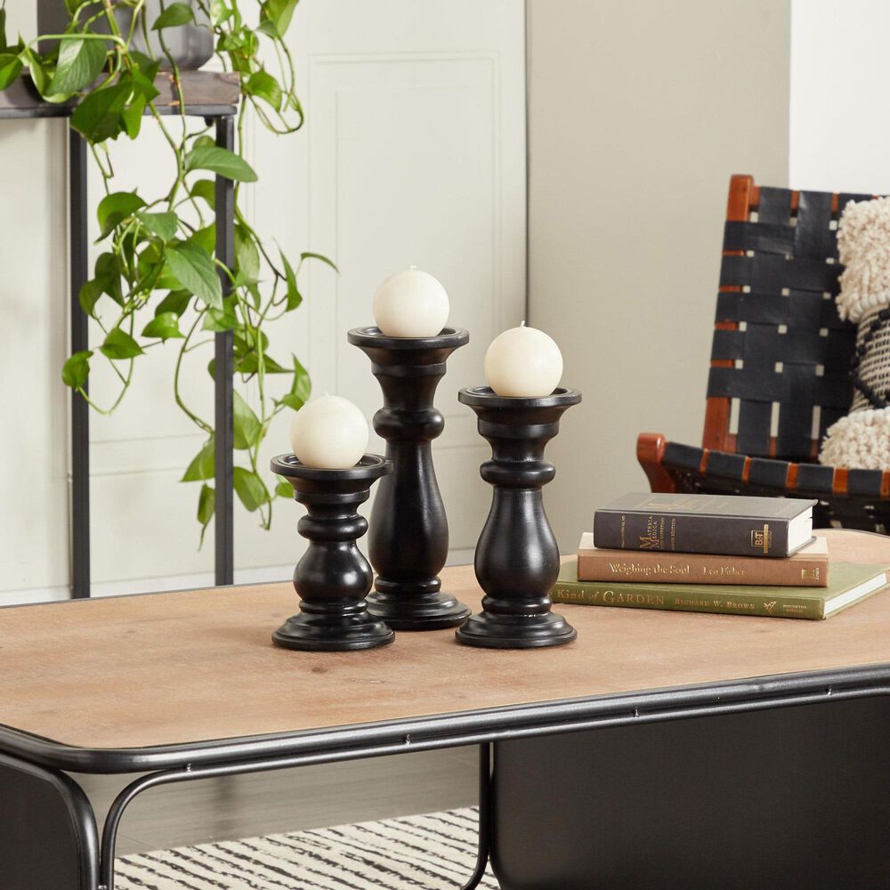 Maple and Jade 6&quot;, 8&quot;, 10&quot; Turned Style Pillar Decorative Candle Holder in Black &#40;Set of 3&#41;, , large