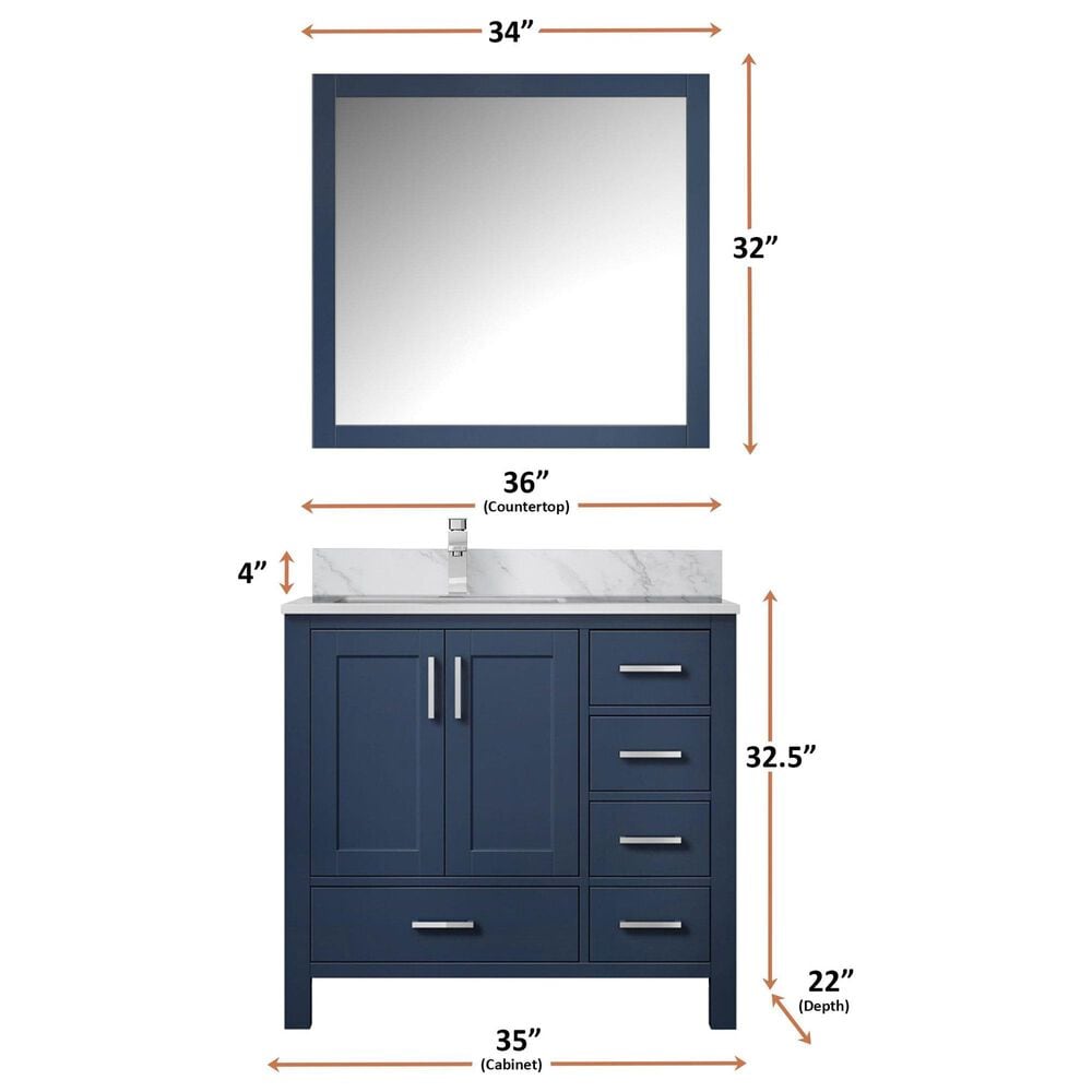 Lexora Home Jacques 36&quot; Left Offset Single Bathroom Vanity in Dark Grey with 2 cm White Carrara Marble Top and Rectangular Sink, , large