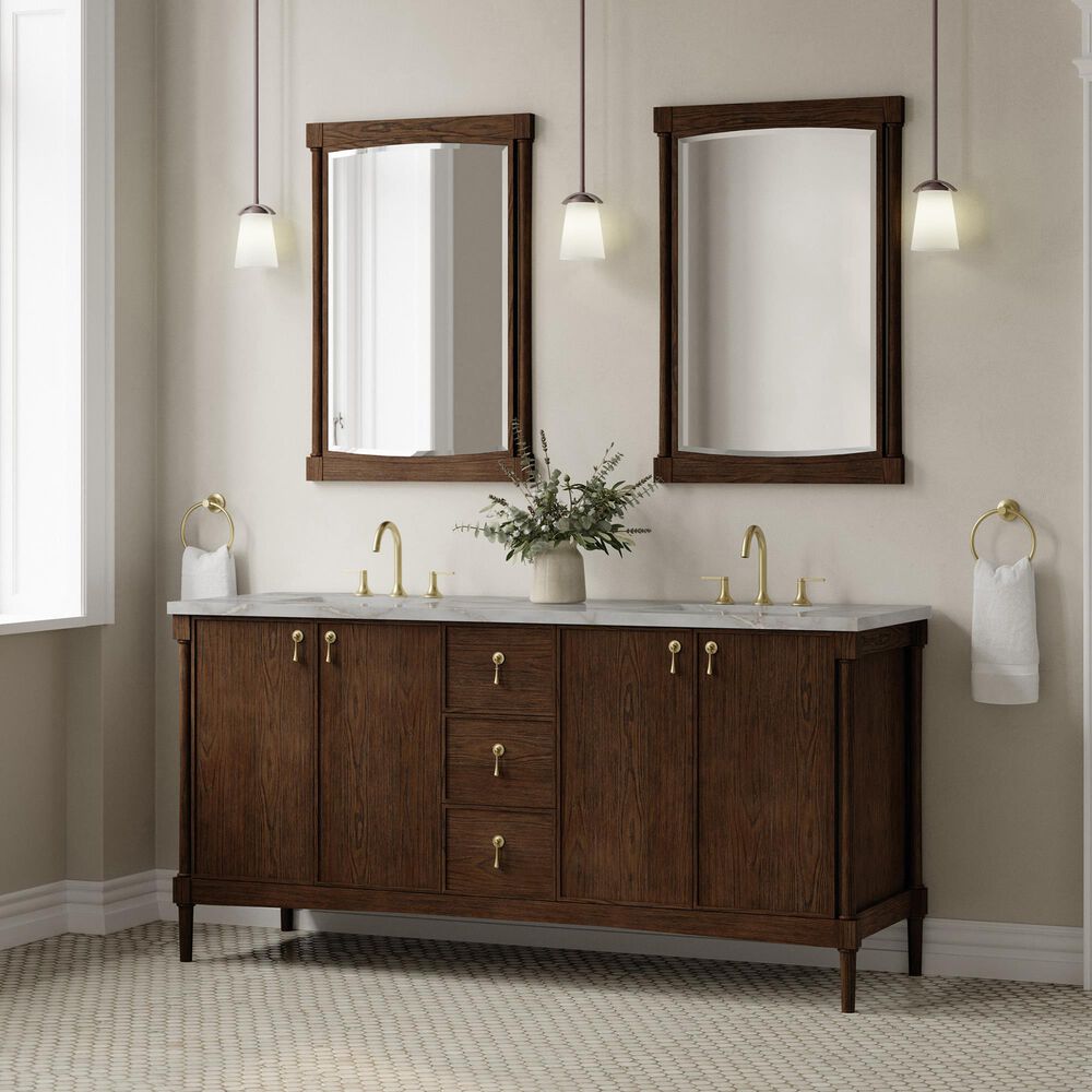 James Martin Kinnsden 72" Double Bathroom Vanity in Sable Oak with 3 cm Victorian Silver Silestone Top and Rectangular Sinks, , large