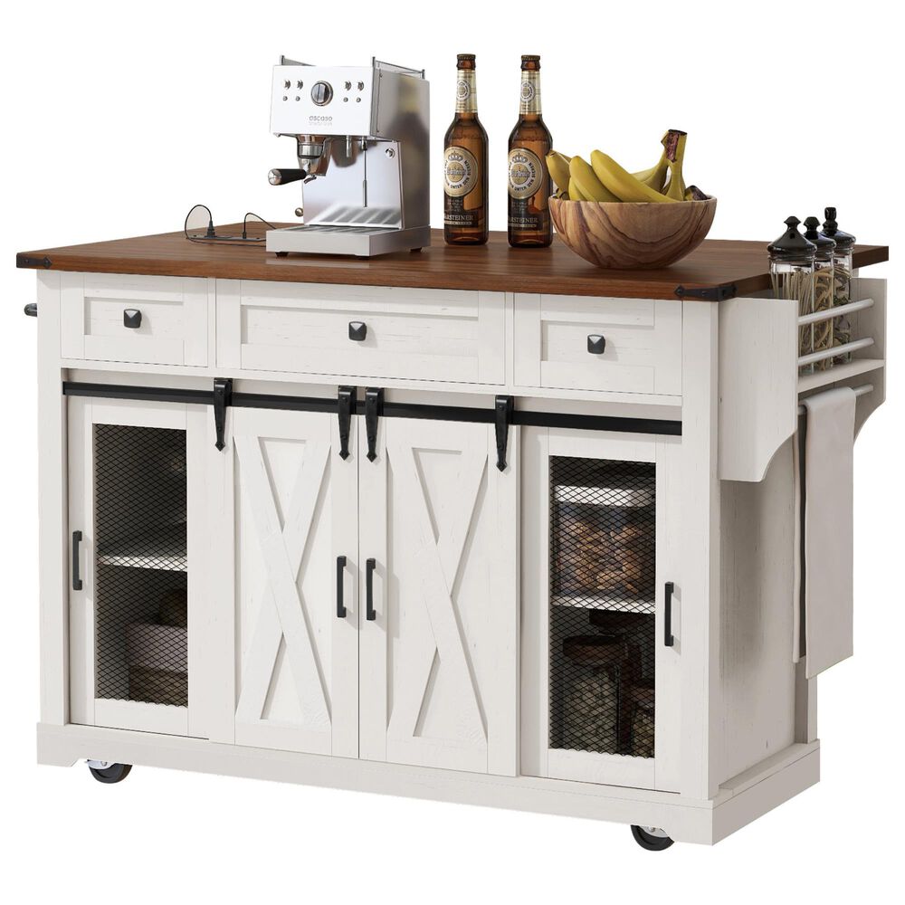 HOMLUX 58" Kitchen Island with Drop Leaf in White and Brown, , large