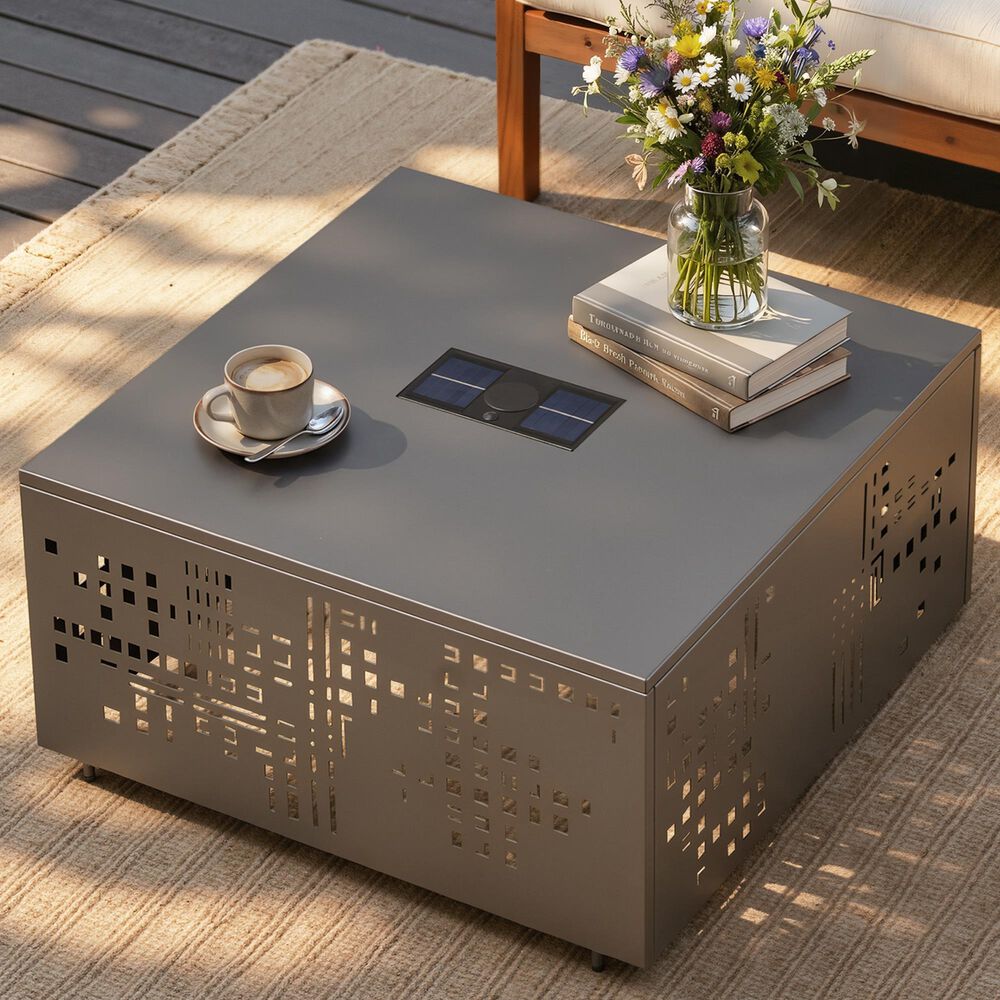 HOMLUX Patio Coffee Table with Solar Lighting in Dark Gray, , large