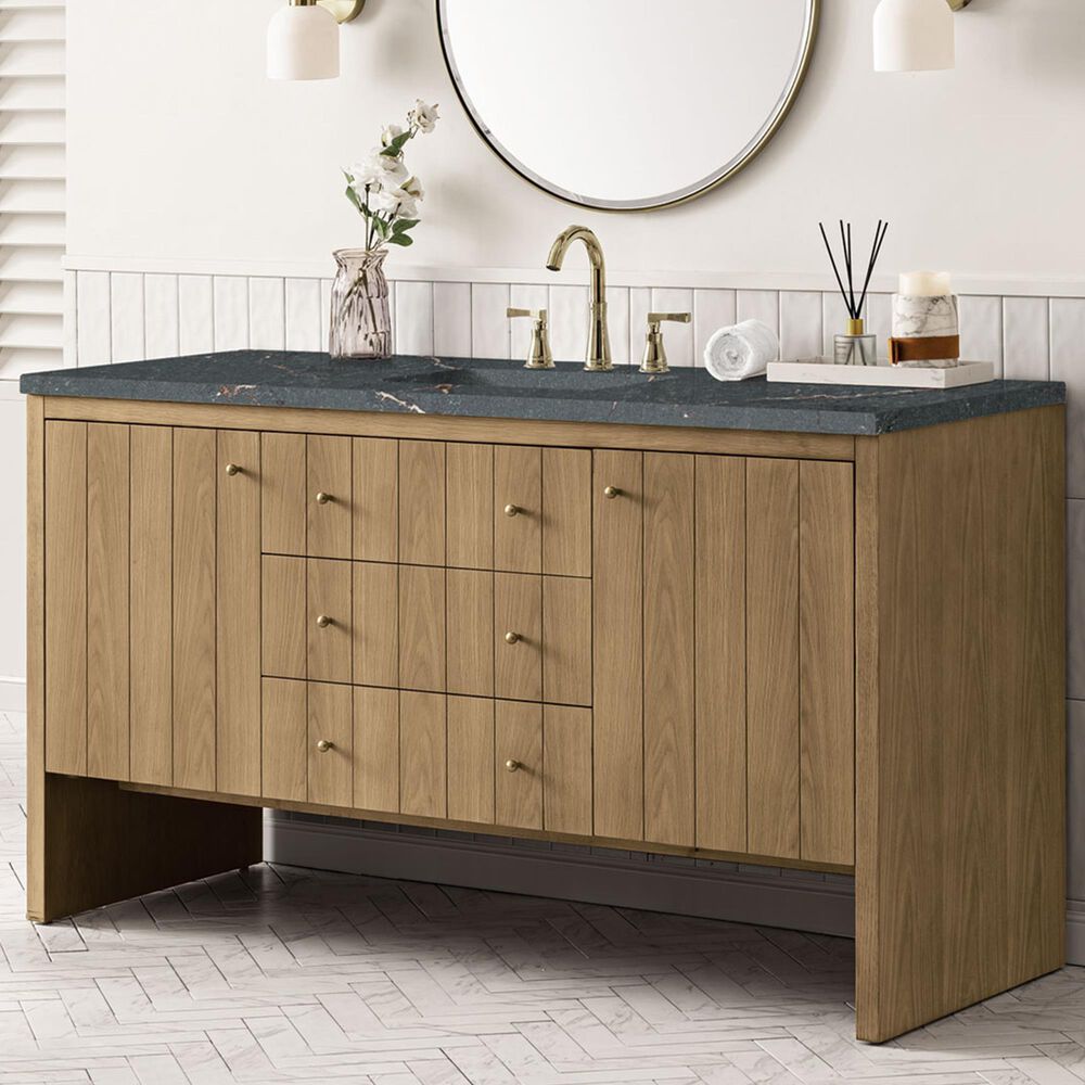 James Martin Vanities Hudson 60" Single Bathroom Vanity in Light Natural Oak with 3 cm Parisien Bleu Quartz Top, Rectangular Sink and FreePower Wireless Charger, , large