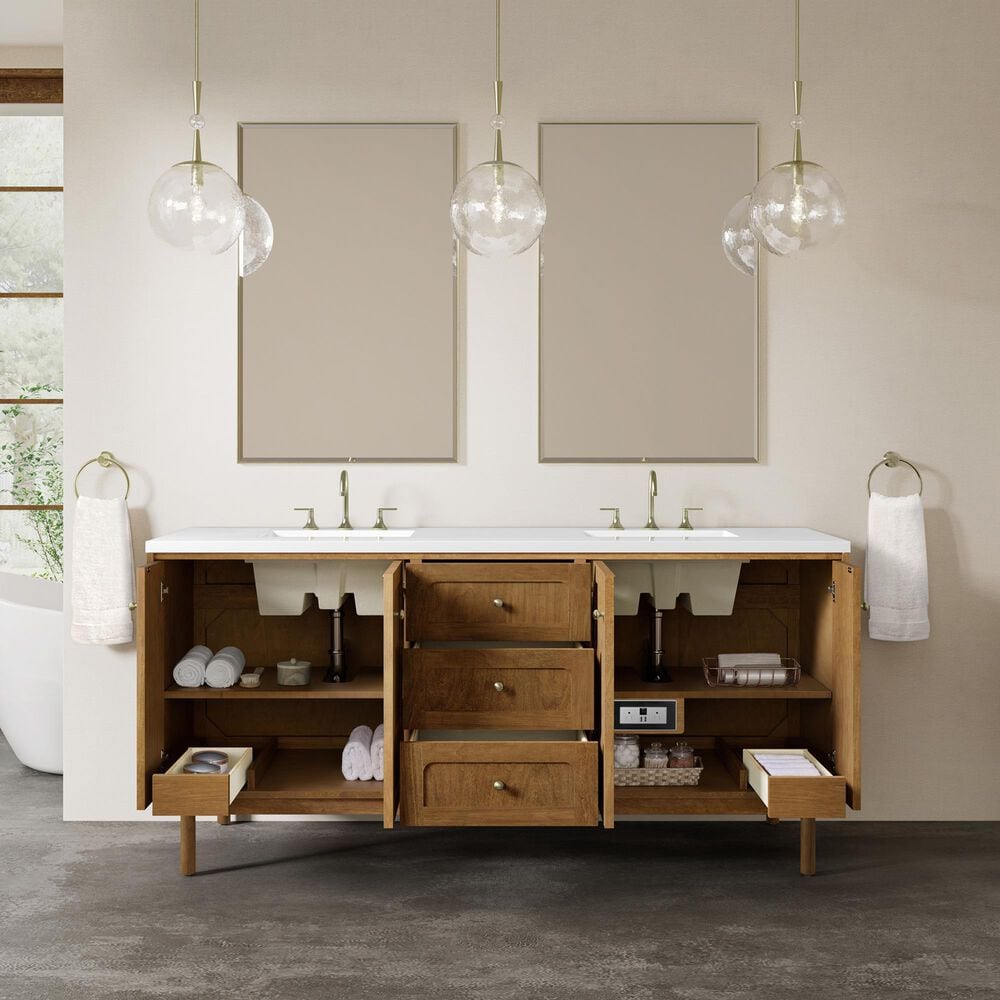 James Martin Laurent 72" Double Bathroom Vanity in Honey Oak with 3 cm White Zeus Silestone Top and Rectangular Sinks, , large