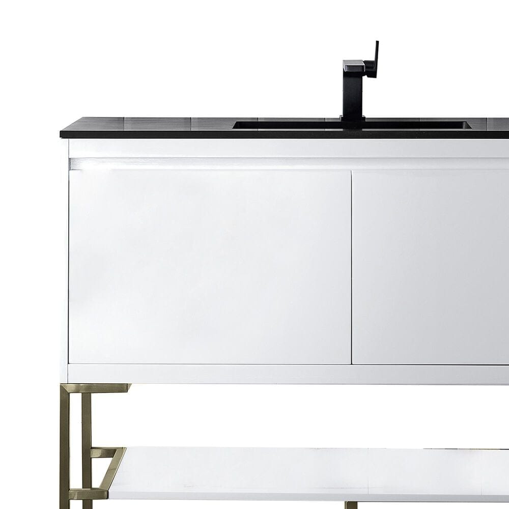 James Martin Vanities Mantova 47.3&quot; Single Vanity in Glossy White and Champagne Brass with 3 cm Charcoal Black Composite Stone Top and Rectangular Sink, , large