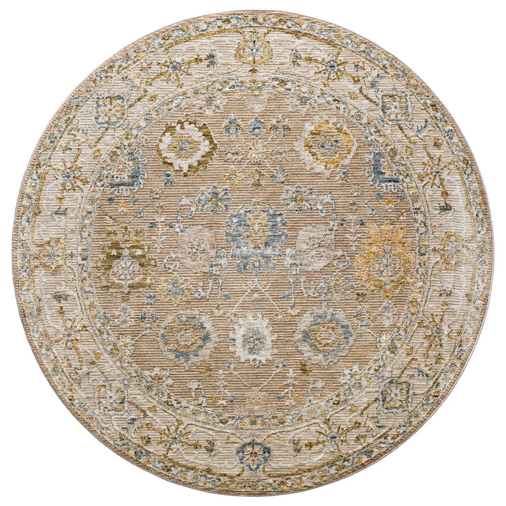 Surya Reina Tan, Light Brown, Light Gray, Cream, Denim, Mustard and Olive 6"7" Round Area Rug, , large