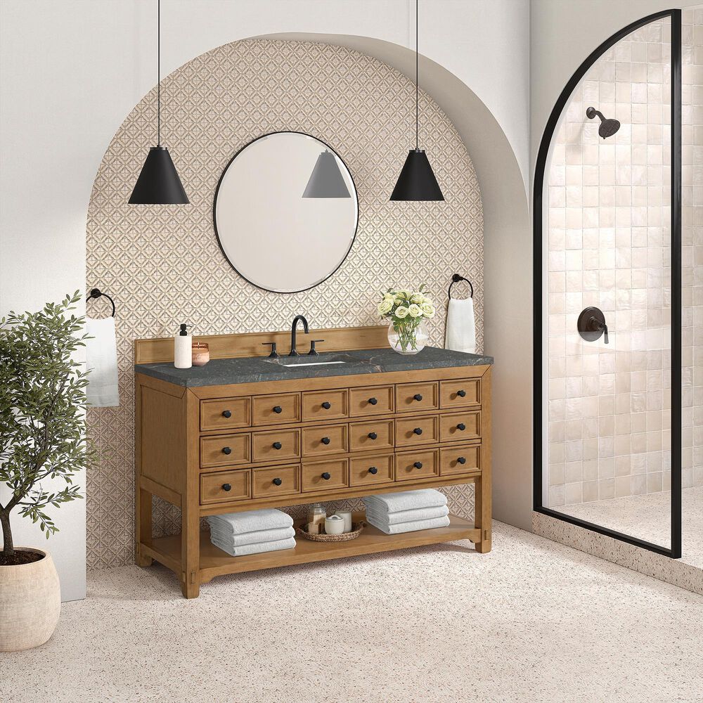 James Martin Malibu 60&quot; Single Bathroom Vanity in Amber Birch with 3 cm Parisien Bleu Quartz Top and Rectangular Sink, , large