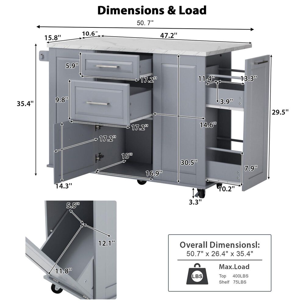 HOMLUX 51" Kitchen Island with Tilt Trash Can Cabinet in Grey, , large