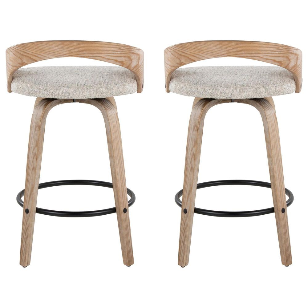 LumiSource Grotto 26" Swivel Counter Stool with Oat Fabric Upholstery in Whitewashed and Black (Set of 2), , large
