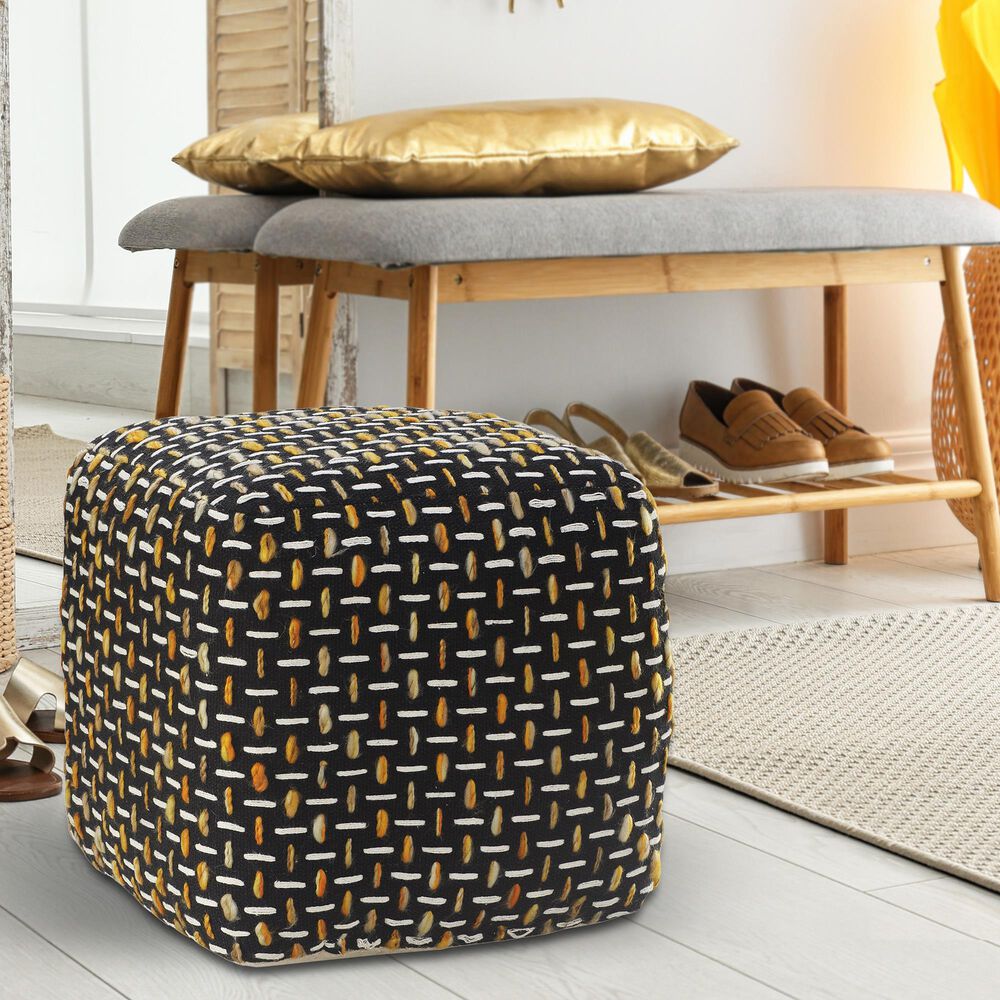 LR Home 16" Square Pouf in Black and Gold, , large
