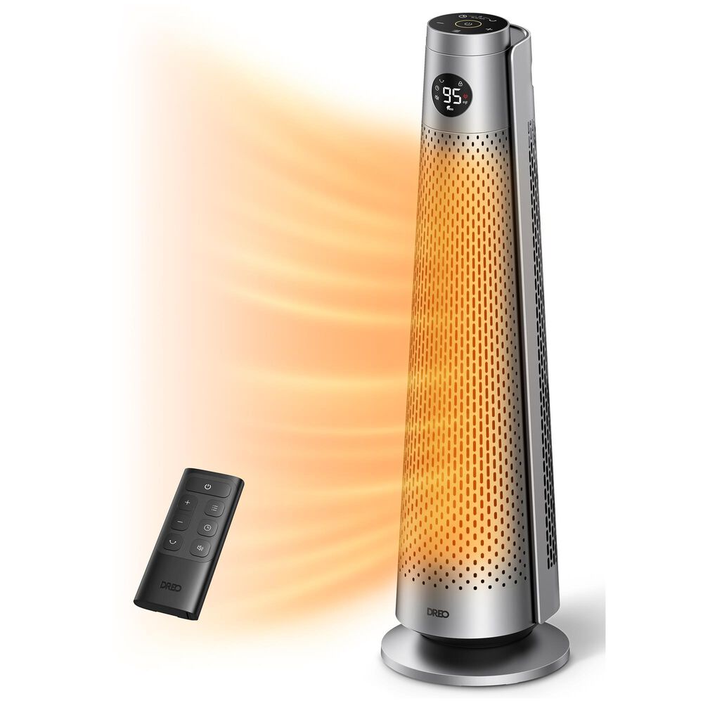 DREO Solaris 718 Ceramic Tower Indoor Electric Space Heater with Thermostat and Remote in Silver, , large