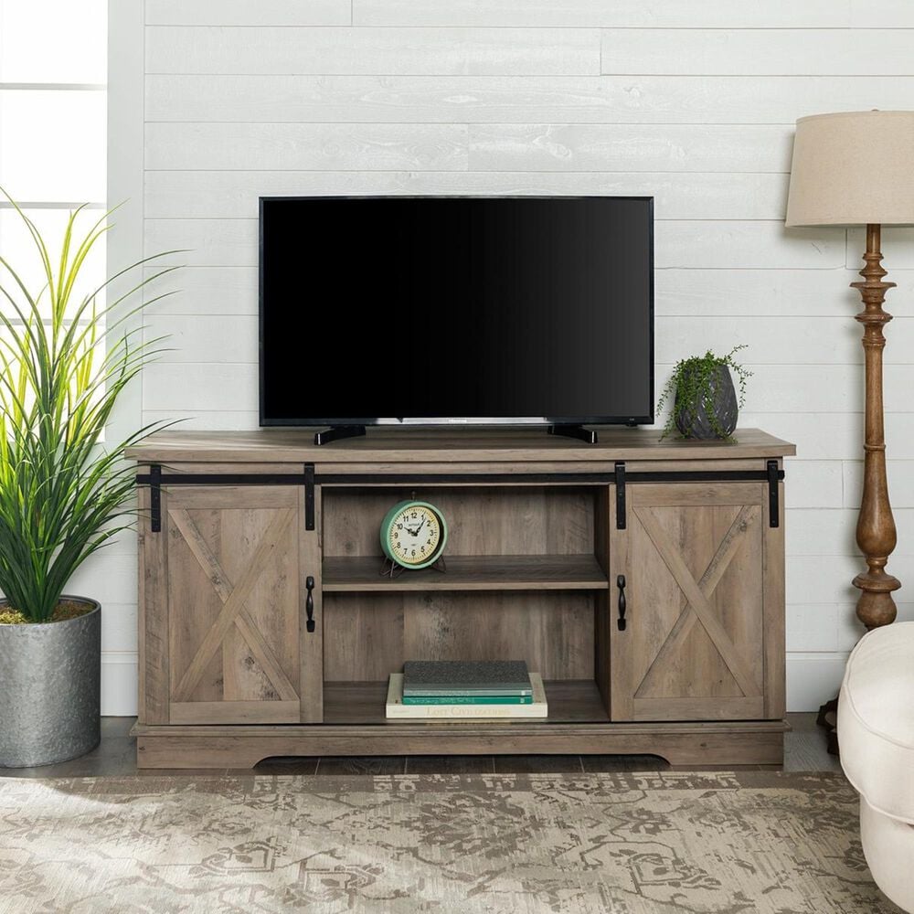 Walker Edison 58&quot; Sliding Barn Door TV Stand in Grey Wash, , large