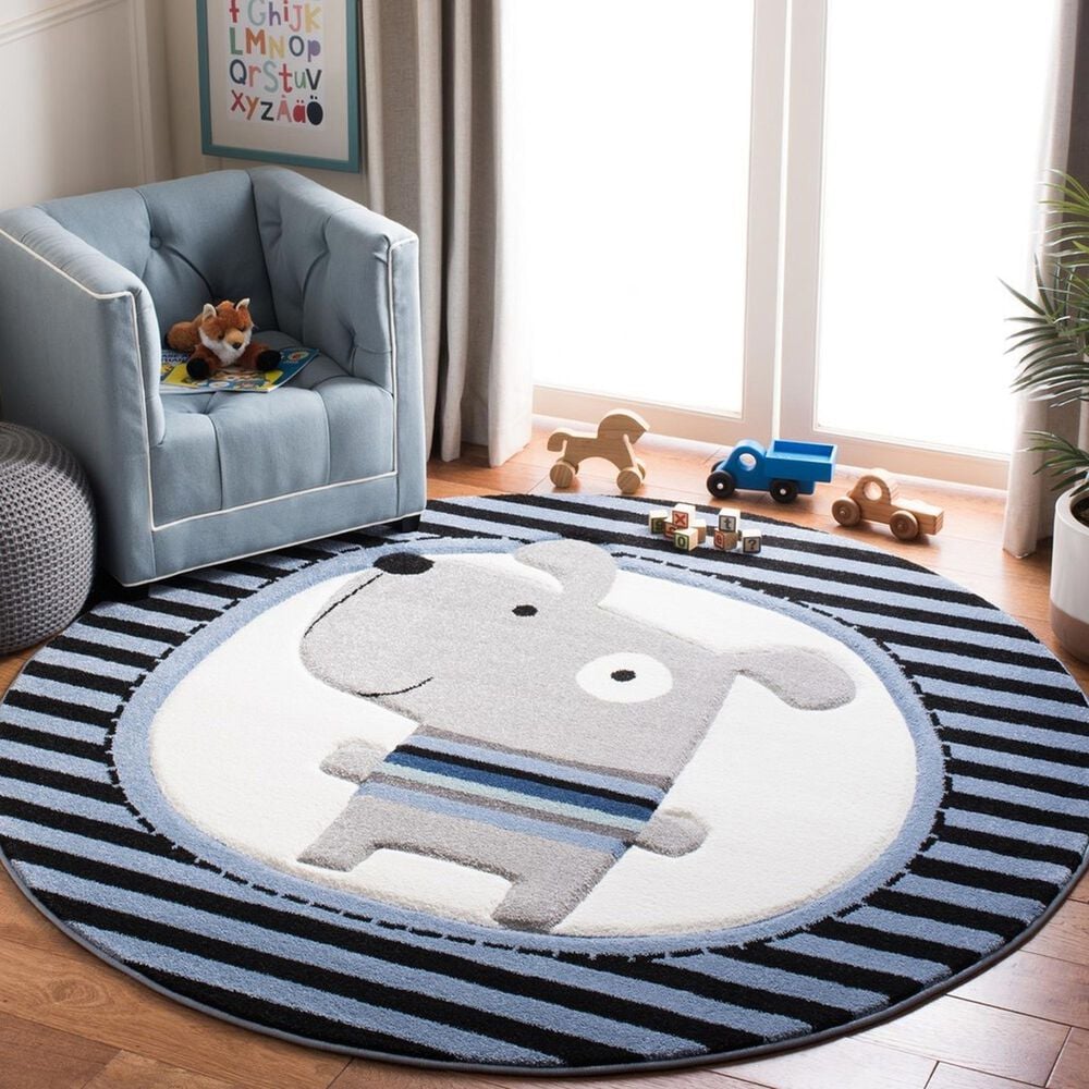Safavieh Carousel Animals 6&#39;7&quot; Round Navy and Ivory Kids  Area Rug, , large