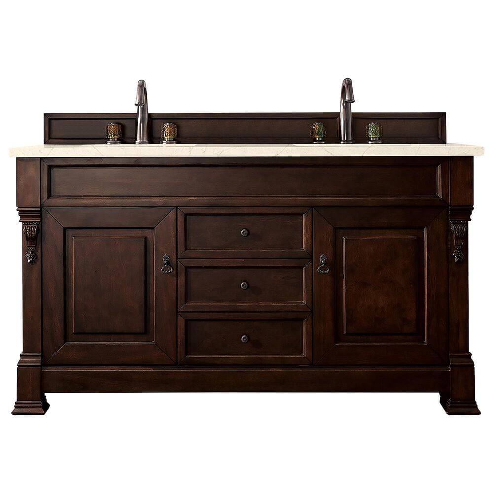 James Martin Vanities Brookfield 60" Double Bathroom Vanity in Burnished Mahogany with 3 cm Eternal Marfil Quartz Top and Rectangle Sinks, , large