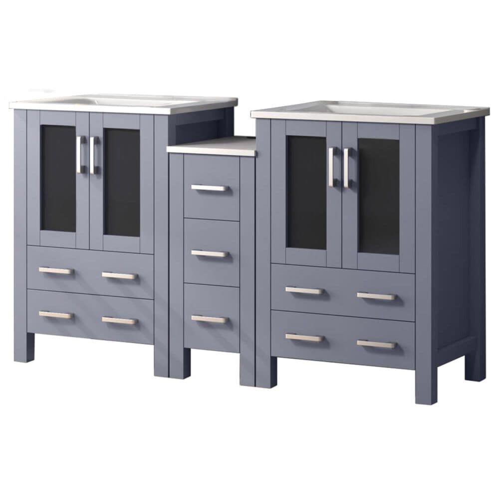 Lexora Home Volez 60" Double Bathroom Vanity in Dark Grey with 2 cm White Ceramic Top, Rectangular Sinks and Side Cabinet, , large