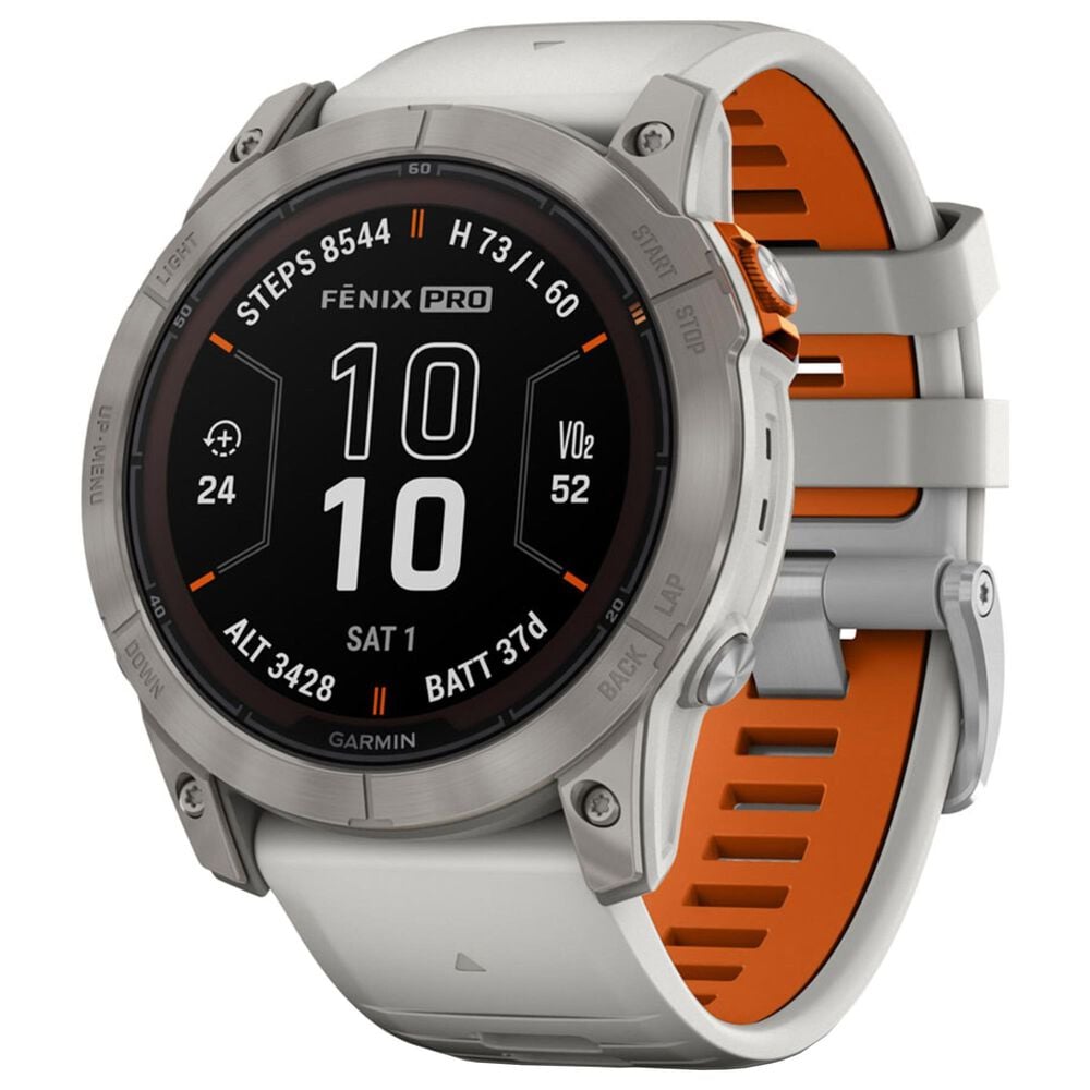 Garmin Fenix 7X Pro Sapphire Solar Edition Smartwatch 51mm Titanium Case with Fog Gray and Ember Orange Band, , large