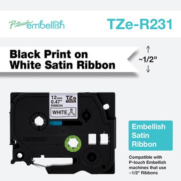 Brother P-touch Embellish Black Print on White Satin Ribbon 12mm, , large