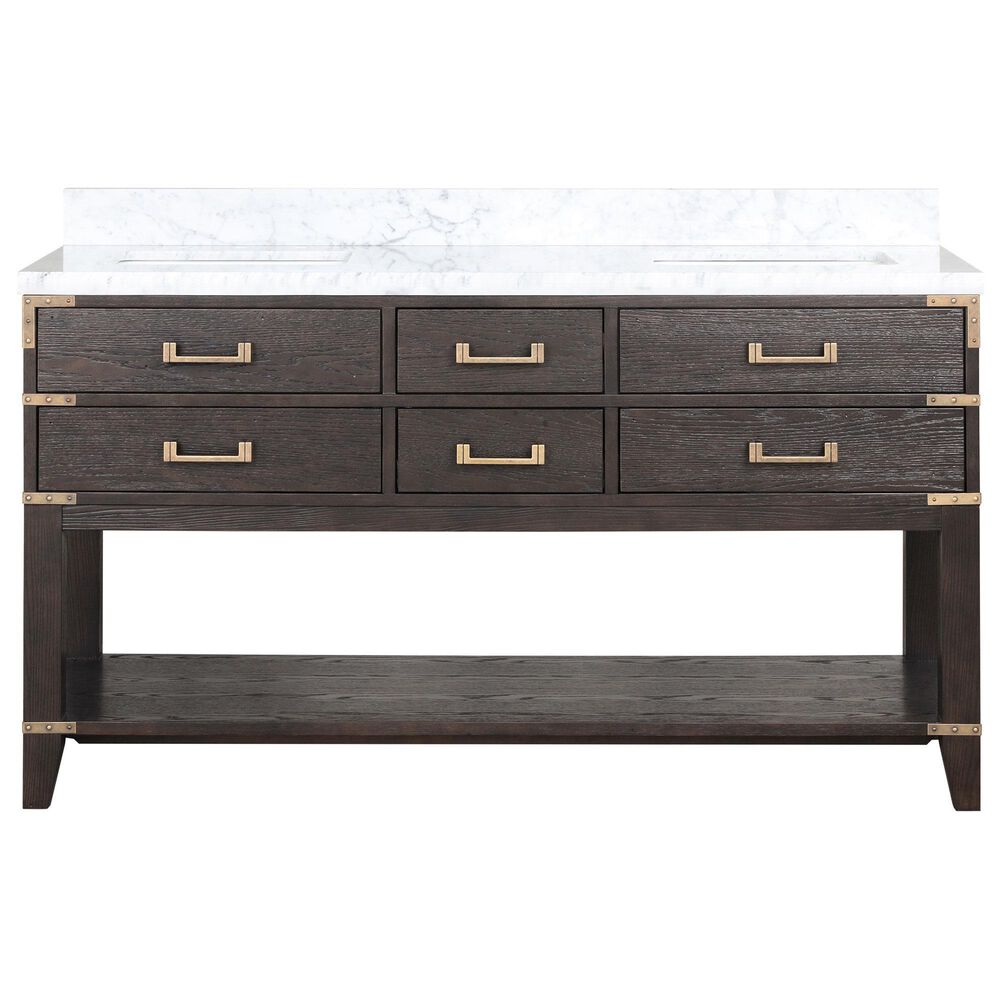Lexora Home Norwalk 60&quot; Double Bathroom Vanity in Brown Oak with White Carrara Marble Top and Rectangular Sinks, , large
