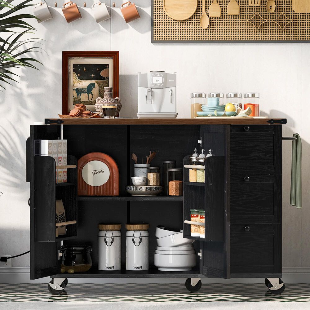 HOMLUX 55" Farmhouse Kitchen Island with Power Outlet in Black, , large