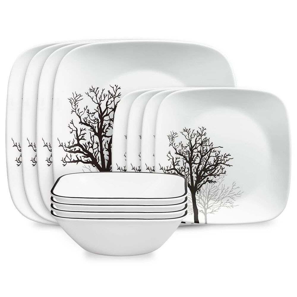 Corelle Timber Shadows 12-Piece Square Dinnerware Set in White, Black and Gray, , large