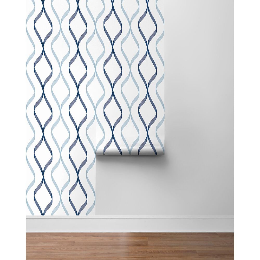 NextWall Ogee Ribbon 216&quot; x 20.5&quot; Peel and Stick Wallpaper in Celtic Blue and Dewdrop, , large