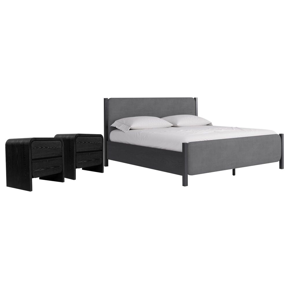 Urban Home Elora Queen Upholstered Bed with Two Nightstand in Jet Black, , large