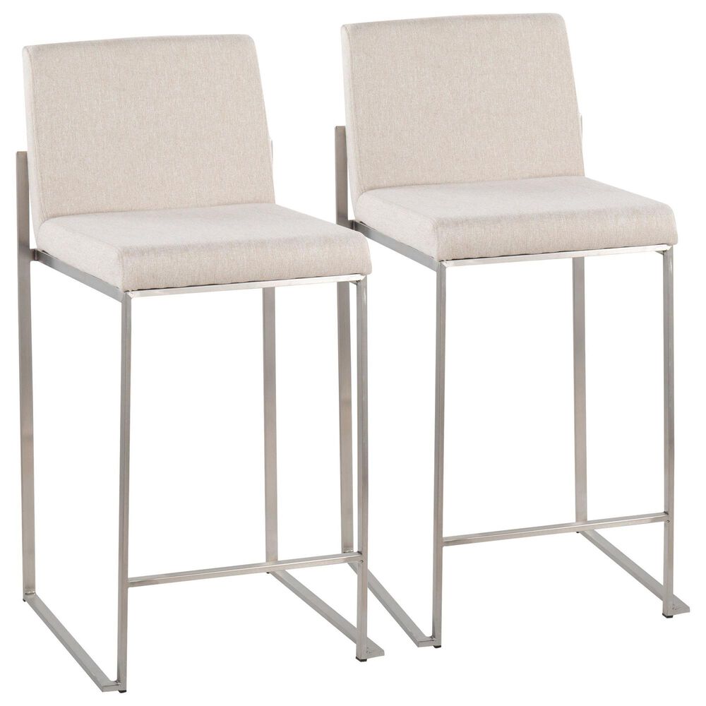 Lumisource Fuji High Back Counter Stool with Beige Fabric Cushion in Stainless Steel (Set of 2), , large